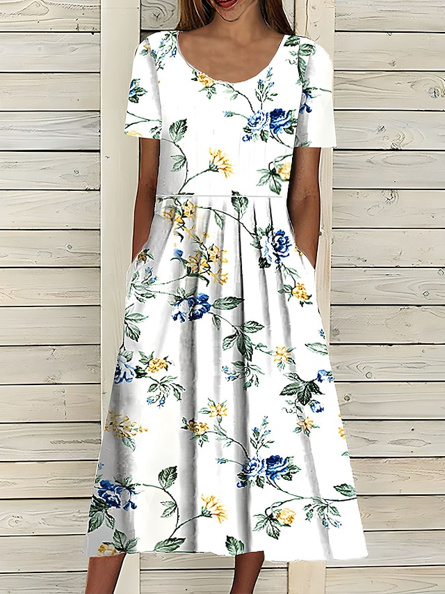  Kvinnors Midiklänning Casual Klänning Blommönster Rynkad Print Crew Hals Grundläggande Casual Dagssemester Kort Ärmar Sommar Vår