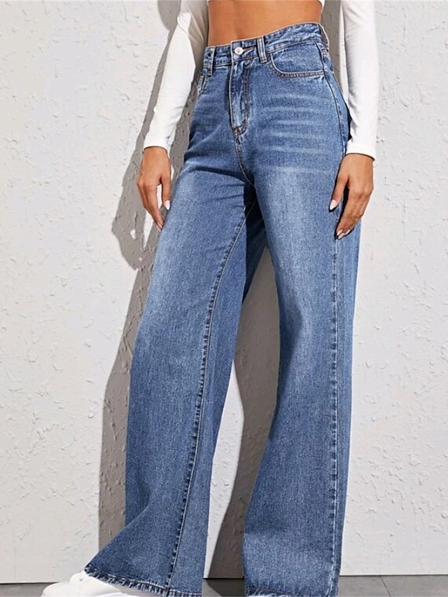 Women's Jeans Wide Leg Full Length Denim Pocket Micro-elastic High ...