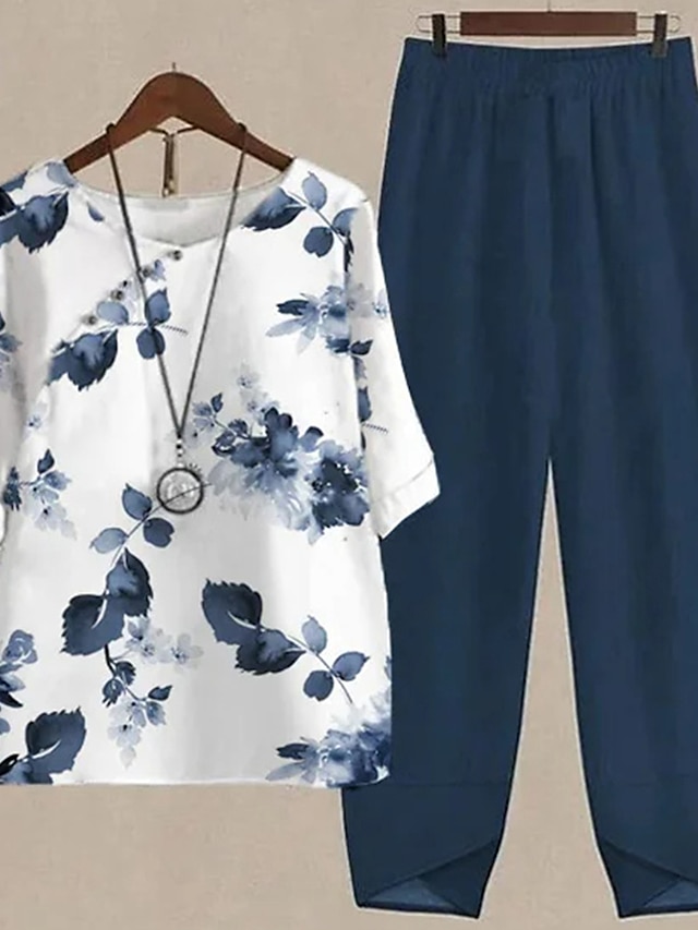  Women's Shirt Pants Sets Floral Print Holiday Weekend Elegant Fashion Daily Round Neck Blue Fall & Winter