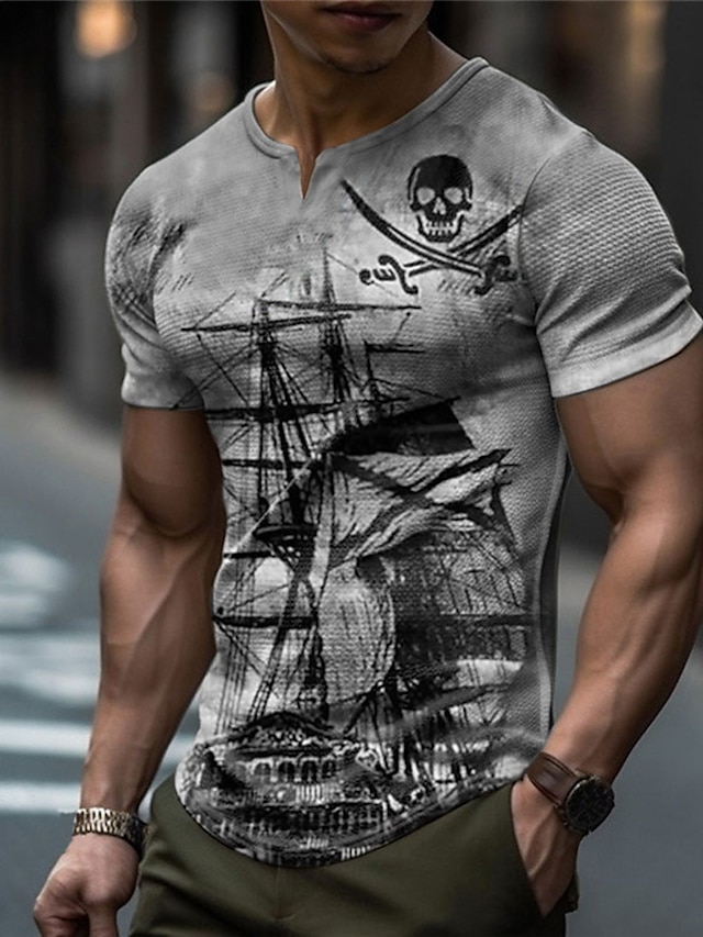  Herre Vaffel T-skjorte Grafisk Nautisk Pirat Hodeskaller V-hals Klær 3D-utskrift utendørs Daglig Kortermet Mote Designer Grunnleggende