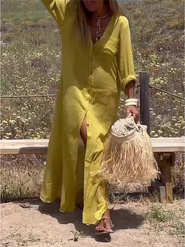  Női hétköznapi ruha Pamut vászon ruha Maxi hosszú ruha Gomb Zseb Klasszikus Napi Vakáció V-alakú Háromnegyedes Nyár Tavasz Ősz Sárga Medence Sima