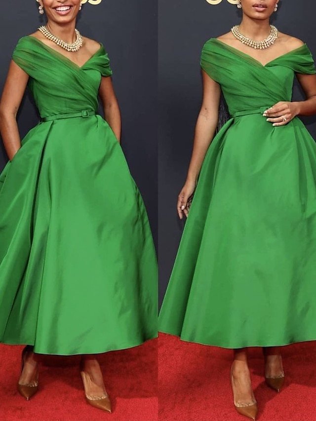  a-line cocktailkjole rød grønne kjoler 1950-tallskjole bryllupsgjest sommer ankellengde ermeløs off shoulder høst bryllup gjest sateng med rynket 2024