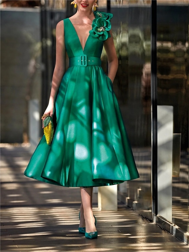  φθινοπωρινά φορέματα κοκτέιλ σε γραμμή κομψό φόρεμα κόκκινο πράσινο φόρεμα vintage επίσημο τσαγιού αμάνικη ζώνη v λαιμόκοψη / φύλλο σατέν με πιέτες λουλούδι ώμου 2024