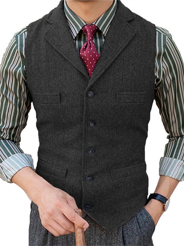  Men's Tweed Casual Business Vests Lightweight Waistcoat Solid Color Tailored Fit Notch Single Breasted Five-buttons Silver Black Red 2024