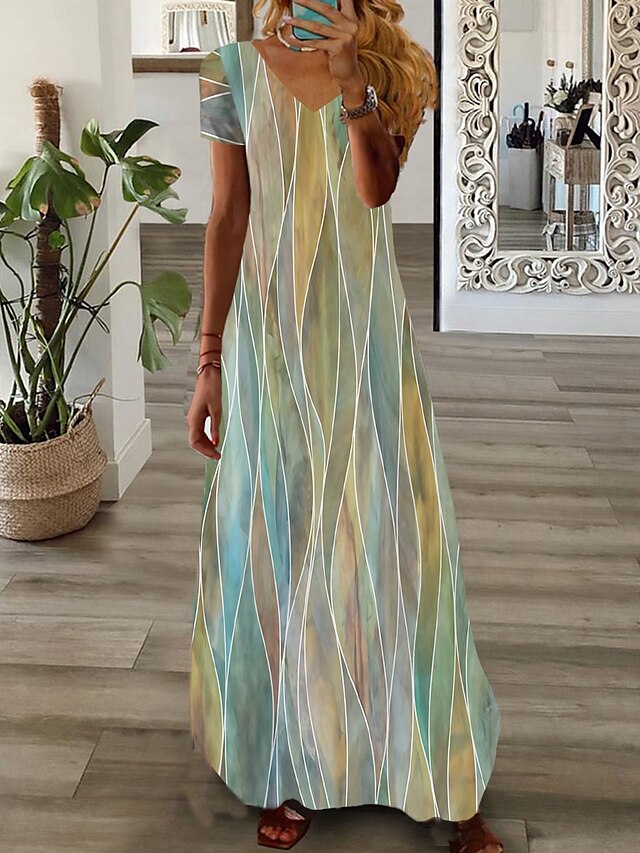 Women's A Line Dress Summer Dress Geometric Color Block Print Split V ...