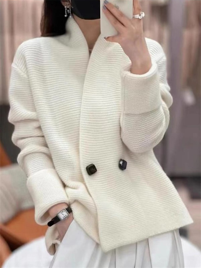  Women's Pullover Sweater Jumper Shirt Collar Ribbed Knit Polyester Button Summer Fall Outdoor Home Daily Stylish Casual Soft Long Sleeve Solid Color White Blue Beige One-Size