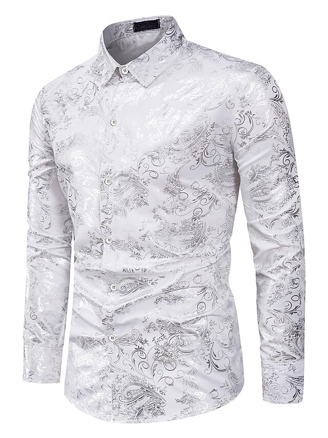  Herren Hemd Abschlussball-Shirt Smokinghemden Silber Blau Gold Langarm Blumen Umlegekragen Sommer Hochzeitsfeier Urlaub Bekleidung Bronzieren