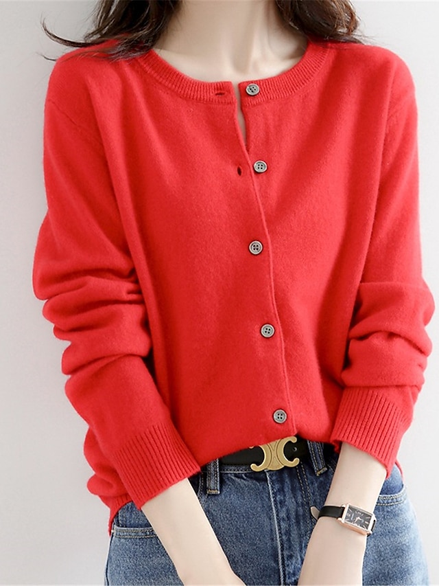  Women's Cardigan Sweater Jumper Ribbed Knit Button Solid Color Crew Neck Stylish Casual Outdoor Daily Autumn Winter Wine Red Big red S M L