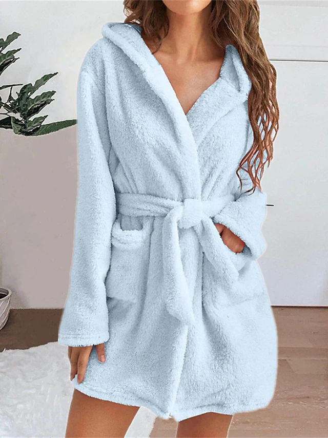 Women's Pajamas Robe Bathrobe Robes Gown Pure Color Casual Comfort Soft Home Daily Bed Coral Fleece Coral Velvet Terry Warm Hoodie Long Sleeve Pocket Fall Winter Home Outfits 14