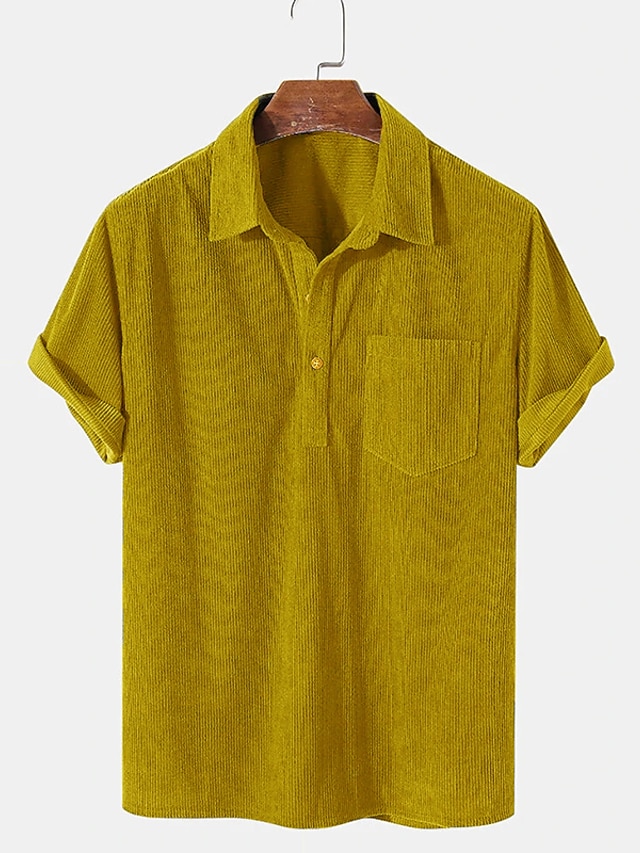 Men's Button Up Shirt Casual Shirt Corduroy Shirt Black Yellow Brown Green Short Sleeves Plain