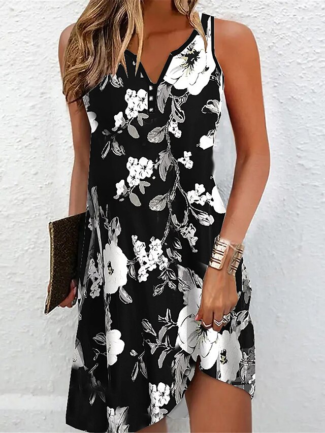 Women's Tank Dress Summer Dress Floral Print Button Split Neck Mini ...