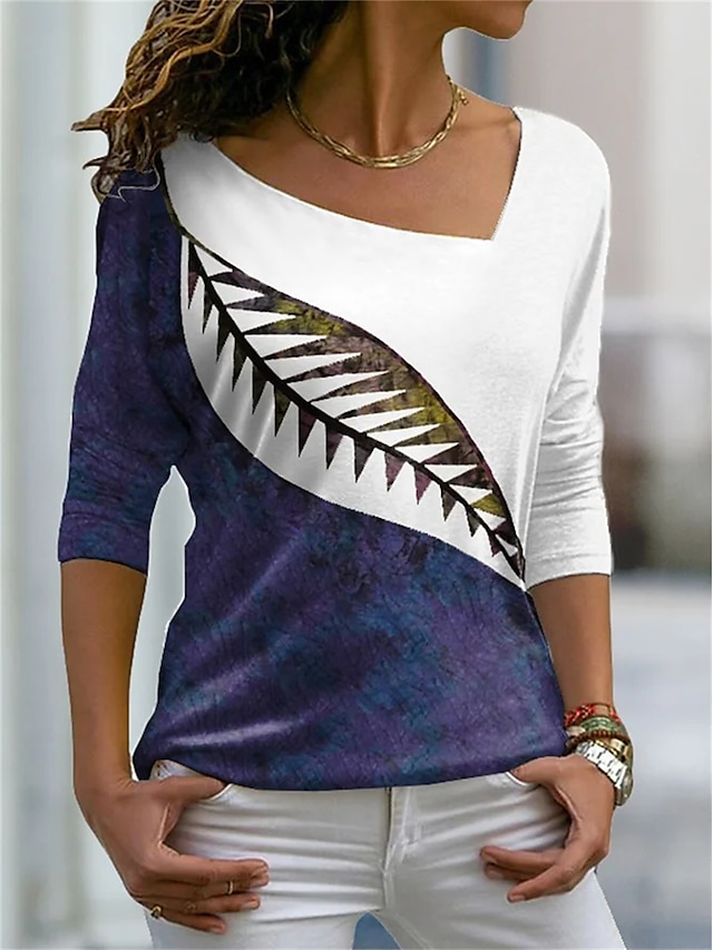  女性用 Tシャツ リーフ柄 カラーブロック プリント 日常 週末 ベーシック 半袖 Ｖネック ネイビーブルー
