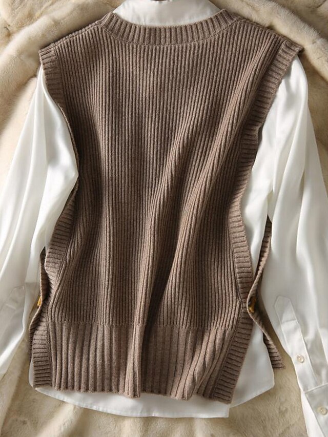 Women's Sweater Vest Crew Neck Ribbed Knit Cotton Button Oversized