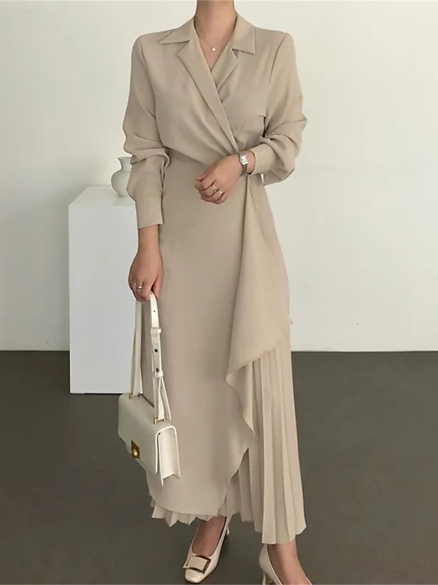  Women's Casual Dress Maxi long Dress Pleated Daily Elegant Fashion Shirt Collar Long Sleeve Black Brown Apricot Color