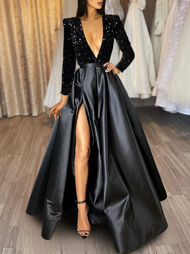 A-Line Evening Gown Sparkle & Shine Dress Formal Wedding Court Train Half Sleeve V Neck Satin with Sequin Slit Masquerade Dress 10
