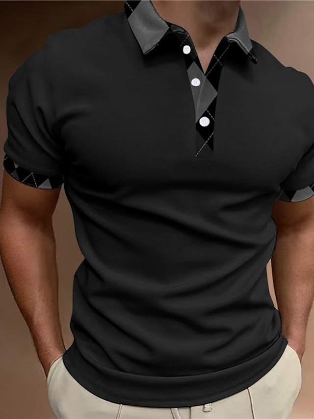  Men's Button Up Polos Polo Shirt Casual Sports Lapel Short Sleeve Fashion Basic Color Block Patchwork Button Summer Regular Fit Black White Red Brown Button Up Polos