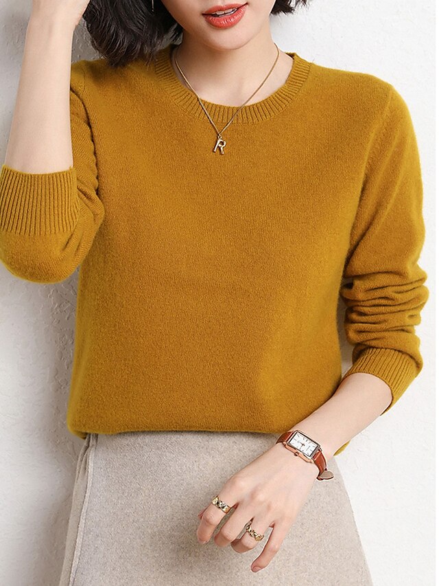 Women's Pullover Sweater Jumper Crew Neck Ribbed Knit Polyester ...