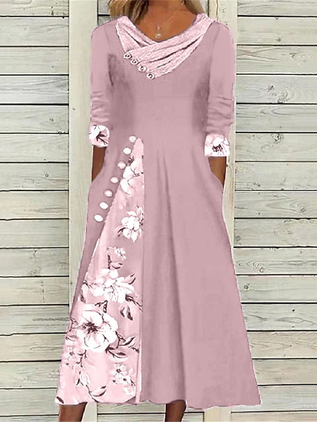  Women's Summer Dress Print Dress Floral Print Button V Neck Midi Dress Fashion Streetwear Outdoor Street Half Sleeve Loose Fit Pink Navy Blue Blue Summer Spring S M L XL XXL