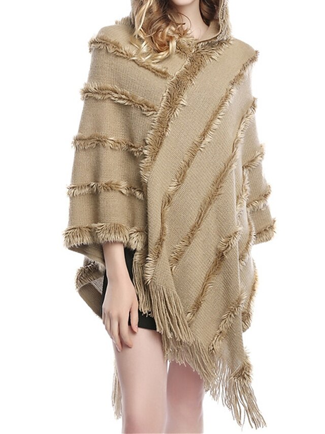 Women's Poncho Sweater Hooded Ribbed Knit Acrylic Tassel Fall Winter Outdoor Daily Holiday