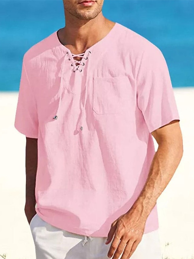  Men's Shirt Linen Shirt Cotton Linen Shirt Summer Shirt Beach Shirt Plain Vacation Casual Black White Pink Blue Short Sleeve V Neck Summer Clothing Apparel Drawstring