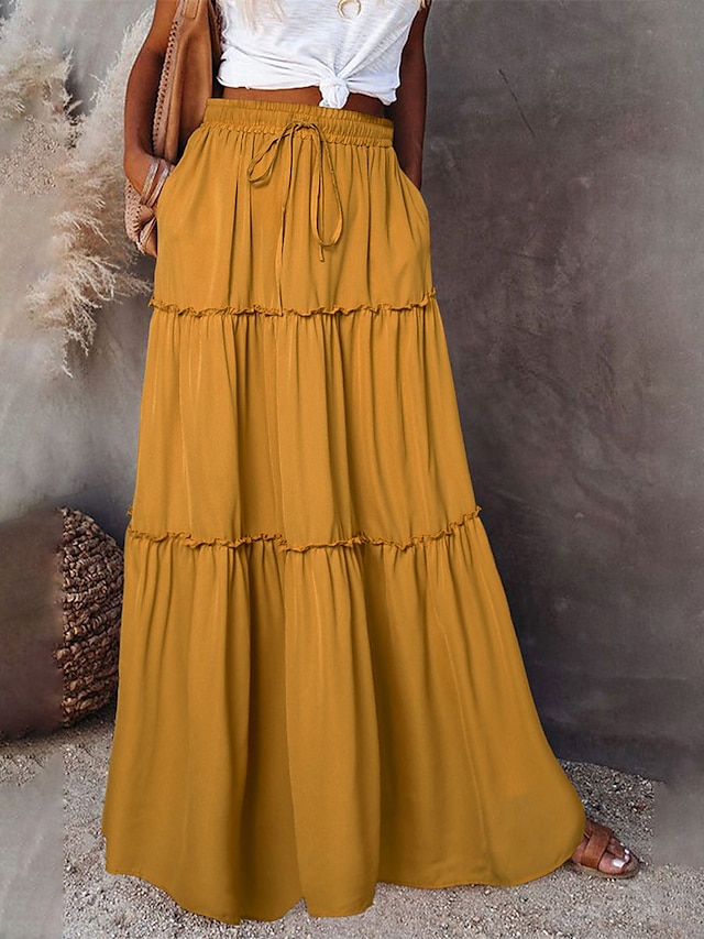  Femme Ample Jupe Maxi Taille haute Jupes Ruché A Volants Cordon Couleur Pleine Plein Air du quotidien Eté Polyester Coton et lin Mode Décontractées Violet Noir Jaune Rouge