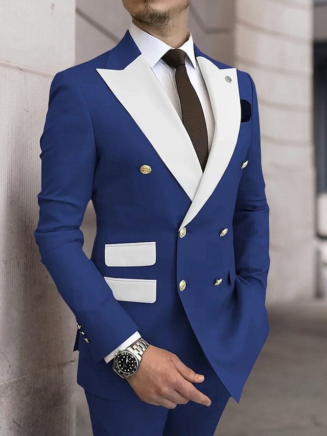  Ternos de baile masculinos azuis, ternos de casamento de outono, 2 peças, plus size, patchwork, sob medida, trespassado, seis botões, 2024