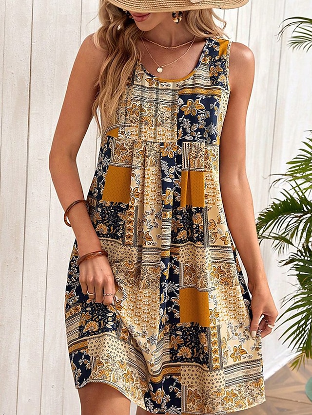  Women's Tank Dress Slip Dress Floral Color Block Ruched Print Strap Mini Dress Vintage Ethnic Daily Date Sleeveless Summer Spring