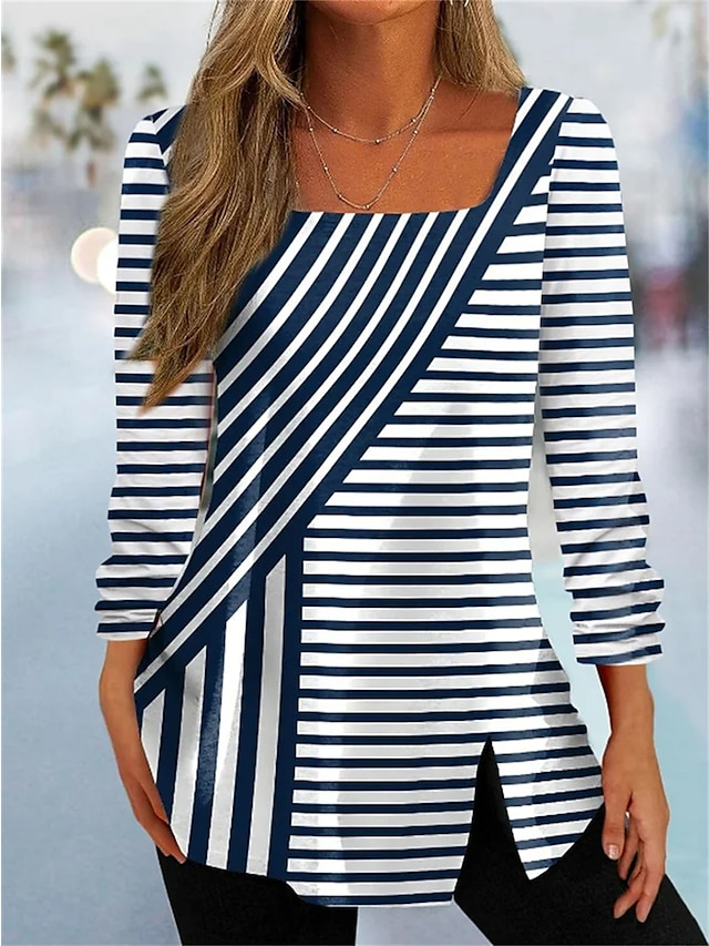 Women's T shirt Tee Striped Daily Weekend Blue Print Long Sleeve Basic ...