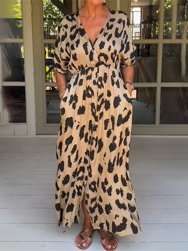  Dámské Leopard Kapsy Tisk Do V Maxi dlouhé šaty Dovolená Krátký rukáv Léto Jaro