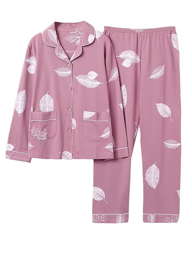  pyjamas för kvinnor pyjamastopp och byxuppsättningar bokstavsblomma tights / leggings avslappnad komfort hem daglig säng bomull andas lapel långärmad skjorta byxknappficka sommar höst hem kläder