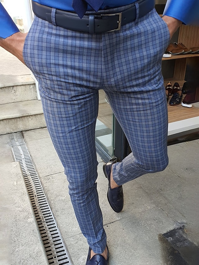  Męskie Spodnie Typu Chino Spodnie chinosy Kieszeń Krata / pled Komfort Biznes Codzienny Streetwear Moda Podstawowy Niebieski Głęboki niebieski