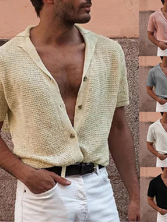  chemise à col camp pour hommes chemise à col cubain gris manches courtes vêtements rabattables