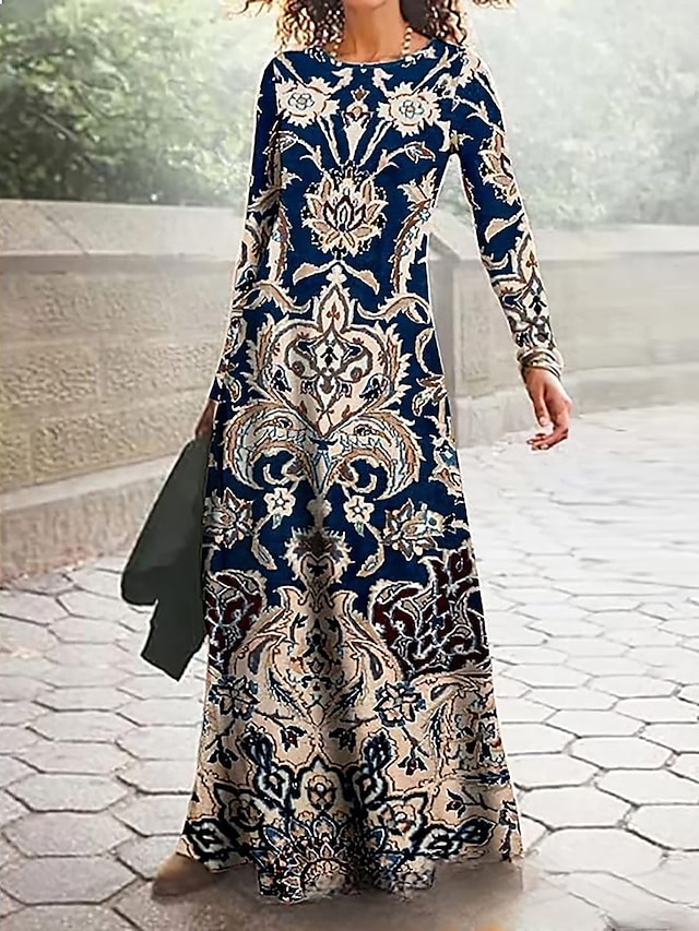  Women's Cotton A Line Dress Floral Print Crew Neck Maxi long Dress Daily Vacation Long Sleeve Summer Spring