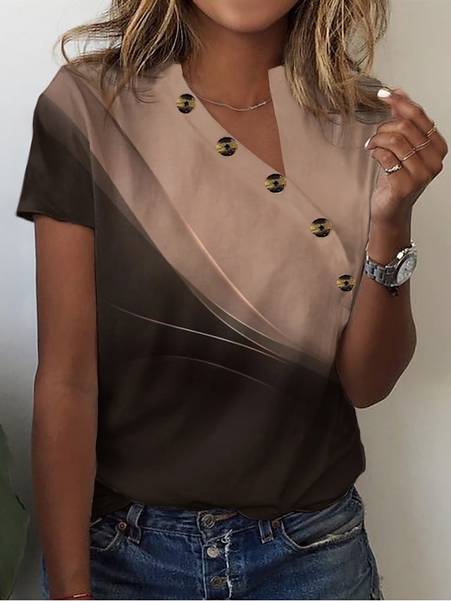  Damen T Shirt Farbblock Täglich Wochenende Taste Bedruckt Rosa Kurzarm Basic V Ausschnitt