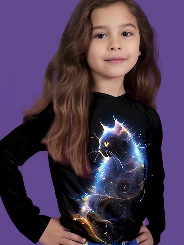  Mädchen 3D Tier Katze T-Shirt Langarm 3D-Druck Herbst Winter Aktiv Modisch Täglich kinderkleidung 3-12 Jahre Outdoor Täglich Regular Fit