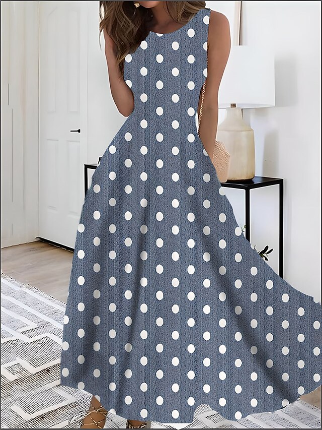 Women's Print Vintage Dress Long Dress Maxi Dress Elegant Polka Dot Crew Neck Sleeveless Daily Date Summer Spring Blue Dark Green 7