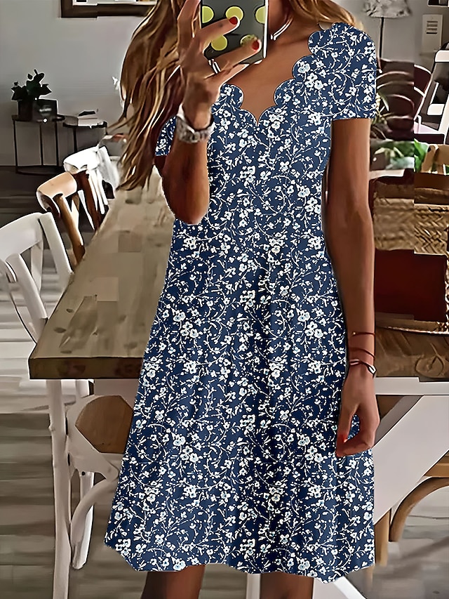  Mulheres Vestido casual Vestido de turno Vestido midi Branco Azul Marinha Azul Manga Curta Floral Imprimir Primavera Verão Decote V Férias 2023 S M L XL XXL 3XL