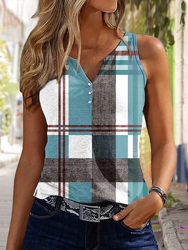 Women's Tank Top Color Block Button Print Casual Basic Sleeveless V Neck Red