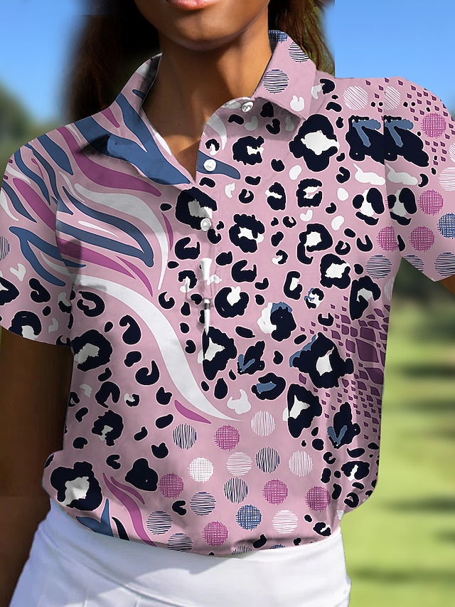 Mulheres Camisa polo de caminhada Rosa Claro Manga Curta Proteção Solar Blusas Leopardo Roupas femininas de golfe, roupas, roupas, roupas
