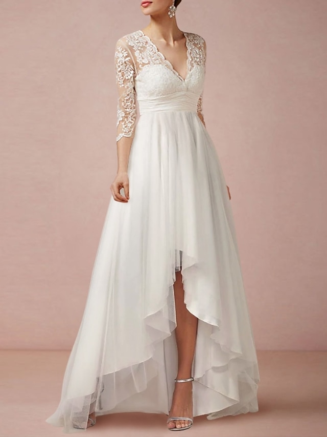  Érett Esküvői ruhák Szűk szabású V-alakú Háromnegyedes Aszimmetrikus Sifon Menyasszonyi ruhák Val vel Rakott Ráncolt 2024