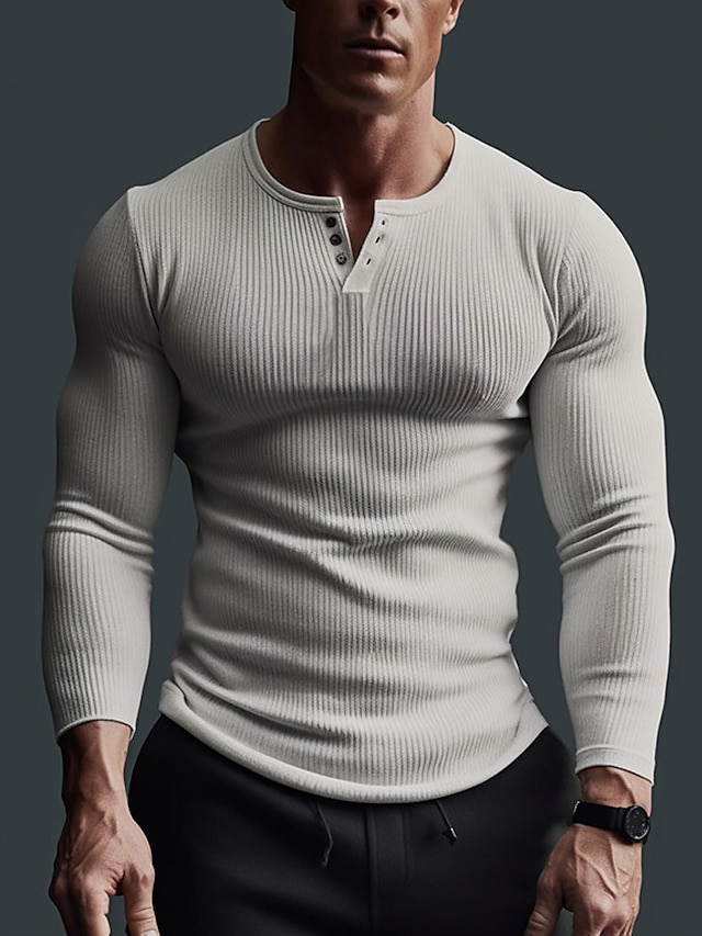 T-shirt Homme Carbon 2 Cobalt Beige Manches Longues Henley, Coton Stretch, Taille L