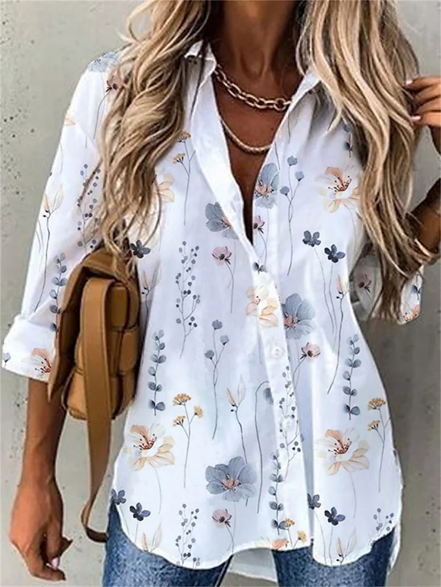  Women's Shirt Blouse Floral Button Print Casual Holiday Daily Basic Long Sleeve Shirt Collar White Fall & Winter