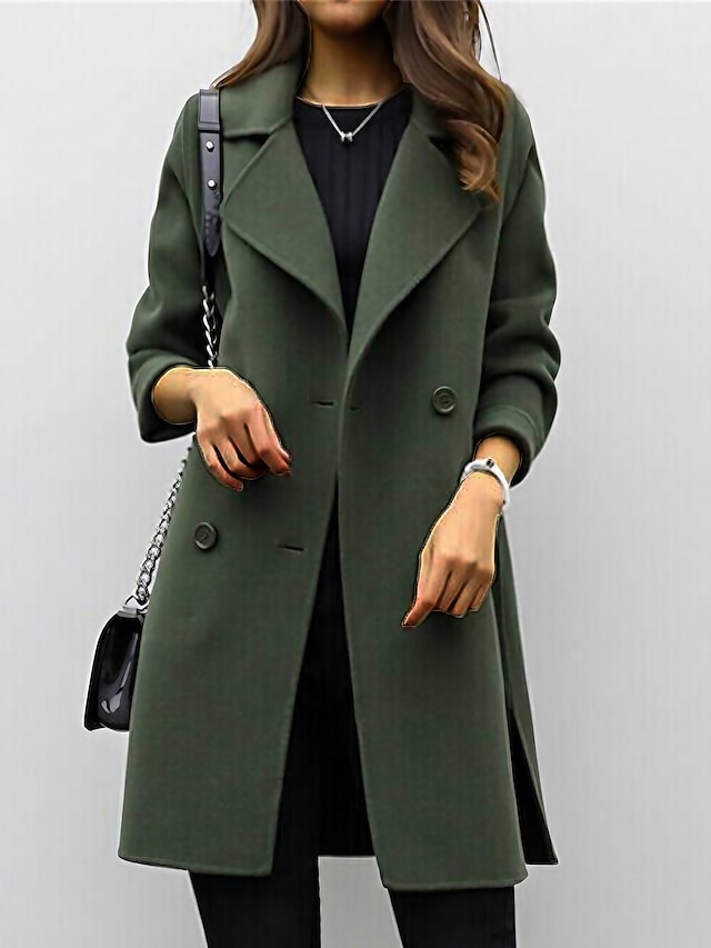 Women's Winter Coat Fall Long Overcoat Double Breasted Pea Coat with Belt Windproof Classic Slim Fit Trench Coat Elegant Outerwear Long Sleeve ArmyGreen S