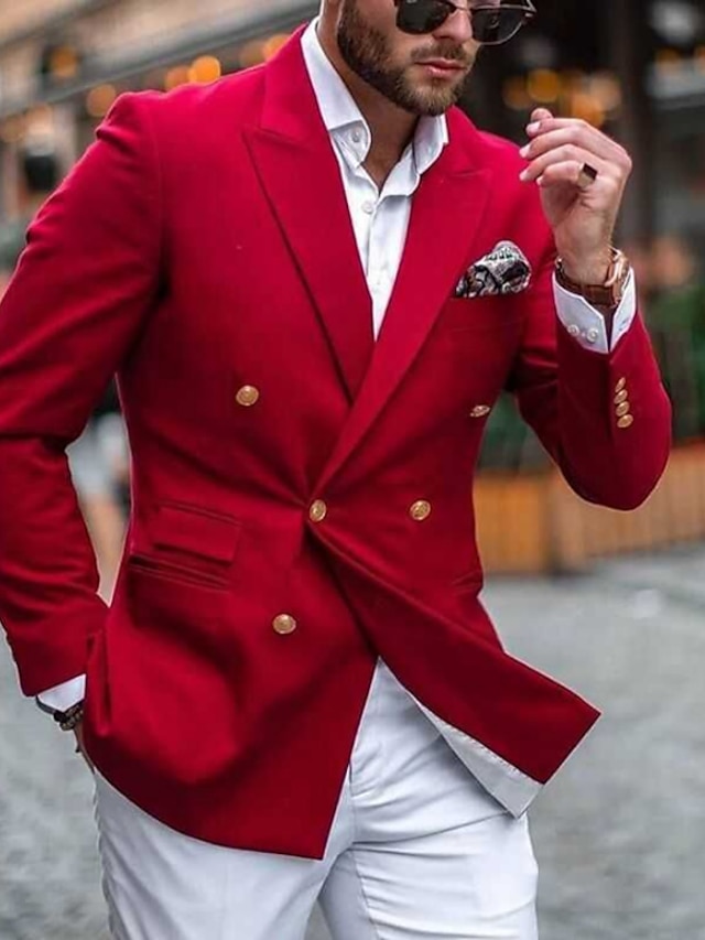  Men's Coat Casual Jacket Daily Wear Vacation Soft Durable Button Pocket Spring &  Fall Plain Casual Comfort Lapel Regular Red & White Jacket