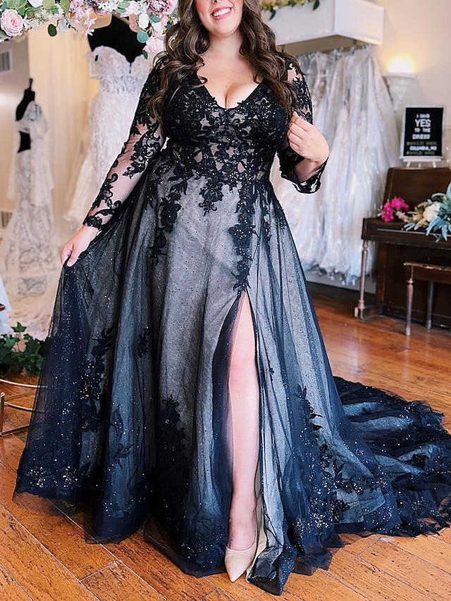  A-Line Evening Gown Black Dress Formal Wedding Court Train Sleeveless V Neck Fall Wedding Reception Tulle with Slit Appliques 2024