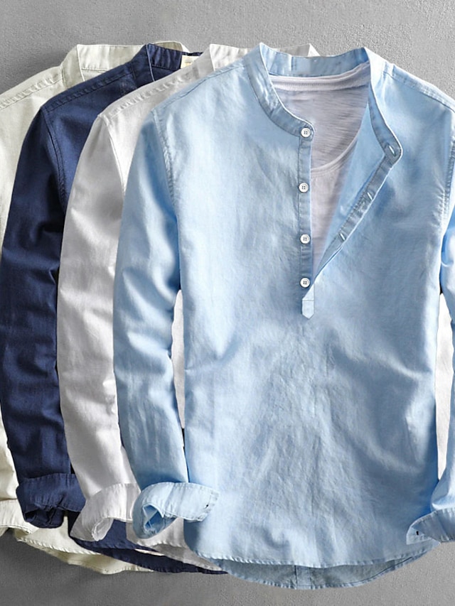  Homens Camisa Popover Camisa casual camisa de verão Branco Azul Escuro Azul Céu Claro Manga Longa Tecido Colarinho Primavera Verão Casual Diário Roupa