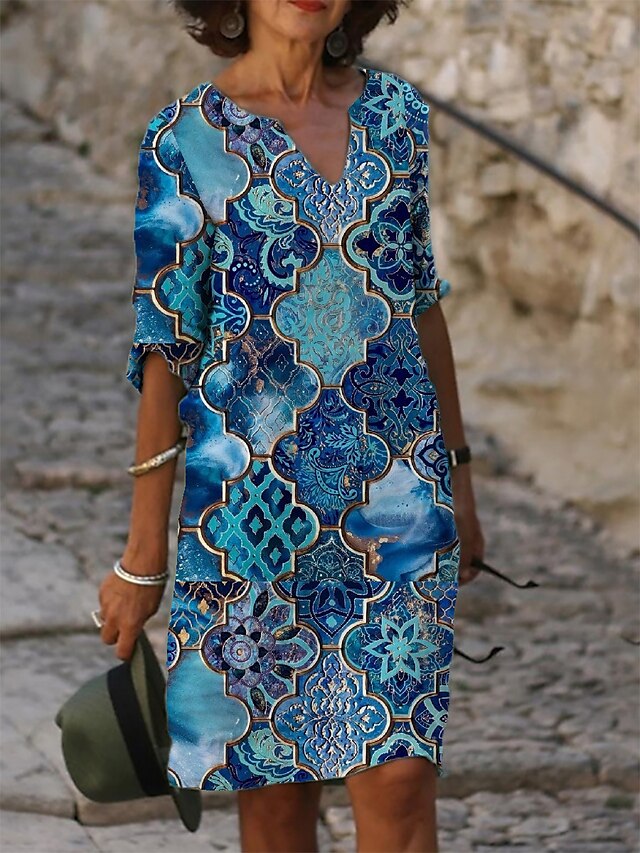 Women's Ethnic Dress Shift Dress Floral Geometric Print Split Neck Midi ...
