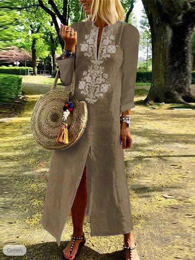  Γυναικεία Καθημερινό φόρεμα Φόρεμα από βαμβακερό λινό Φόρεμα σε γραμμή Α Μακρύ φόρεμα Μείγμα Βαμβακιού Μοντέρνα Μοντέρνο Στυλ ΕΞΩΤΕΡΙΚΟΥ ΧΩΡΟΥ Καθημερινά Διακοπές Λαιμόκοψη V Κεντητό Σκίσιμο