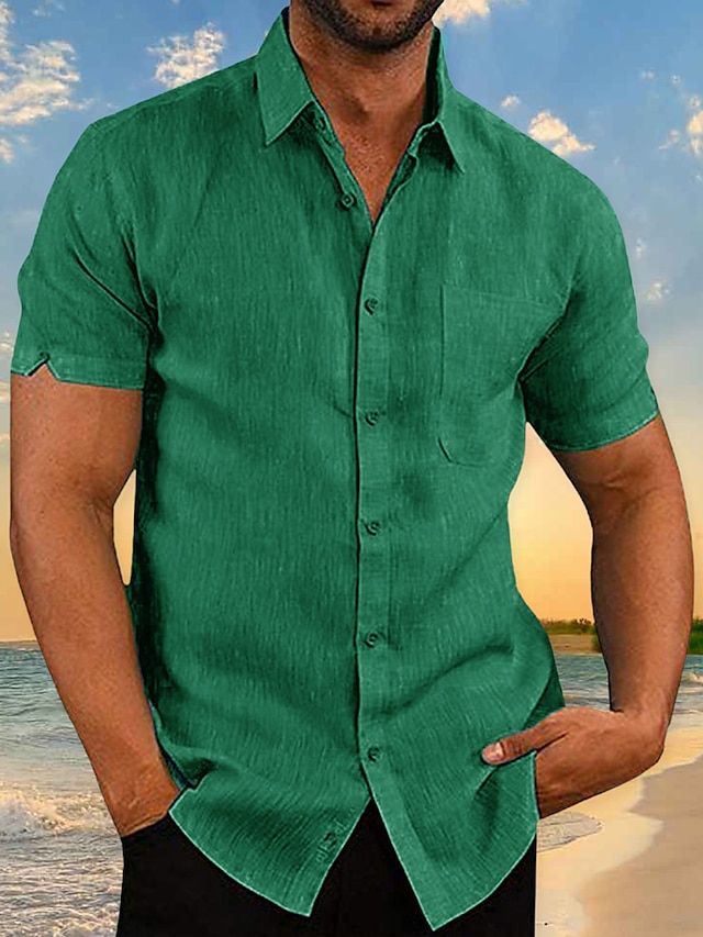  Men's Linen Shirt Shirt Summer Shirt Beach Shirt Black White Green Short Sleeve Plain Collar Daily Hawaiian Clothing Apparel