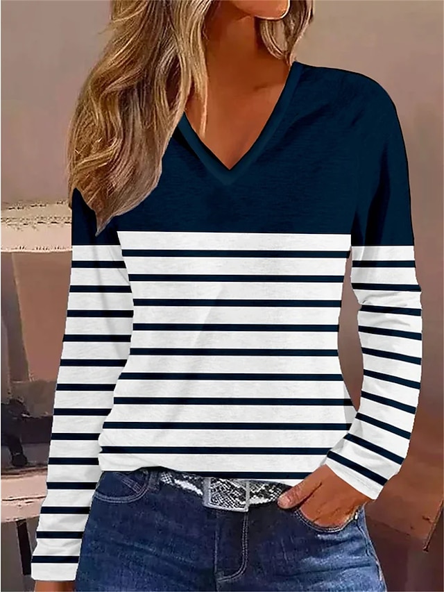  Dame T skjorte Stripet Daglig Helg Trykt mønster Navyblå Langermet Grunnleggende V-hals Høst vinter